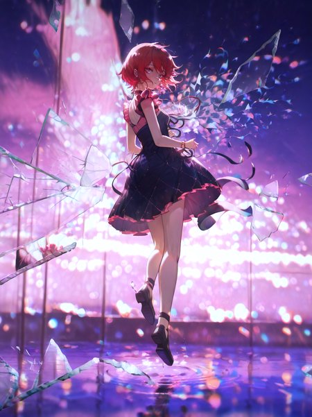 masterpiece,best quality,solo,(solo focus:1.4),(solo:1.2),1girl,(Full body Shot:1.1),detailed background,dramatic lighing,cinematic still,light skin , very short hair , multicolor hair , red hair , Multicolour iris, tsurime eyes , dark grey eyes , unique pupils, looking at viewer , from behind , small breasts ,pink eye makeup,pink eyeshadow,multicolor background,colorful,at night,clothing in wind,hair in wind,[magical girl, dress | goth, gothic dress],<lora:BrokenGlass_illusXL_Incrs_v1:1.1>,glass shards,reflection,broken glass,full body shot,jumping, freeze frame, mid air, jumping straight up ,ripples,galaxy,neon lights,film grain,particles,blurry background,bokeh background,stars,realistic,jewelry,featured on pixiv,<lora:ChamIllustriousBackgroundEnhancer:0.8>,<lora:UK shiny_skin1v_ILXL:0.7>,shiny skin,<lora:konyakarasuelokr_for_illustrious-000126:0.9>,