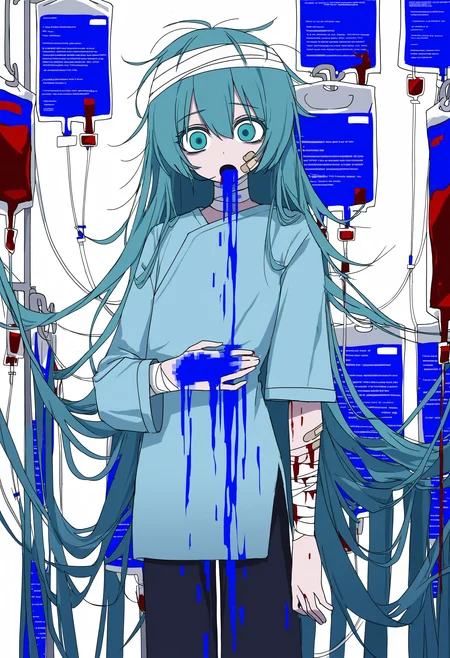 channelstyle, solo, intravenous drip, long hair, hospital gown, bandages, bandaged head, blood, 1girl, aqua eyes, looking at viewer, very long hair, pants, simple background, aqua hair, open mouth, hatsune miku, injury, messy hair, bandaid, empty blood bag, shirt, bandaged arm, cowboy shot, white background, long sleeves, hair down,blue screen of death, glitch,vomiting,
Blue Vomit
 <lora:ChannelStyle-RASF-000100:1>channel \(caststation\)
