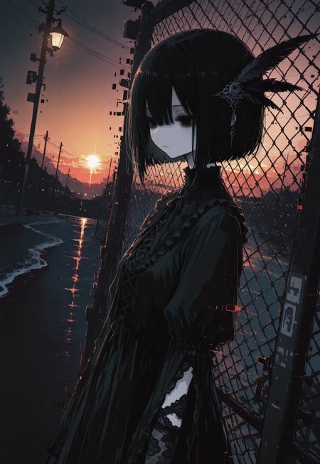 masterpiece,  best quality, good quality, very awa,  very aesthetic, absurdres, newest, oc-chan_(ketopon), 1girl, solo, black hair, bob cut, feather hair ornament, hair between eyes, black eyes, solid eyes, expressionless, pale skin, goth fashion, frilled dress, high collard,lace trim, standing behind fence, chain-link fence in foreground,from outside, touching fence, lace elbow gloves, nail polish,  upper body, outdoors, seaside, sunset, backlighting, raytracing,  scenery, spotlight, lamp post, utility pole, dark theme,chromatic aberration, from side, dutch angle, limited palette, no lineart, no outline,painterly, glitch art, flat color, 15546+456868, r17329_illu,