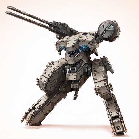 mgrex, mechanical legs, railgun, robot, no humans, gun, glowing, bipedal war machine, military vehicle, heavy armor, science fiction, mecha, military sci-fi, instrument, solo, advanced sensors, weapon, industrial design,