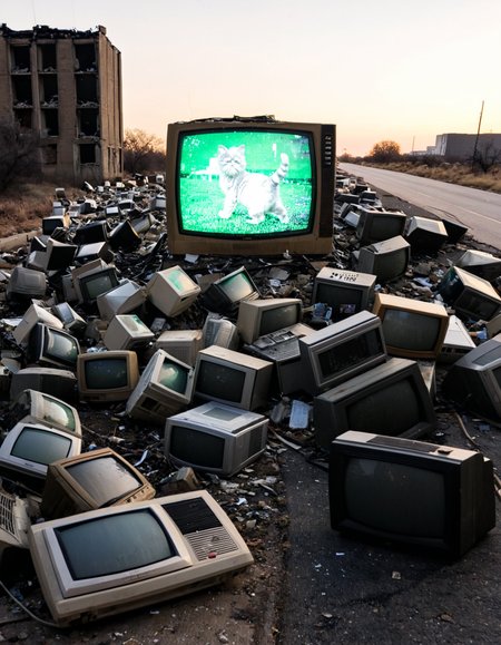 photograph , <lora:detailed:0.5> detailed style,  <lora:perfection style:1> perfection style
 <lora:Money_is_For_Nothing_TV_Morph_SDXL:1>
a  giant statue of a cat, made our of crt televisions, abandoned by the side of the road, flickering screens showing tv static, cinematic, trash strewn around