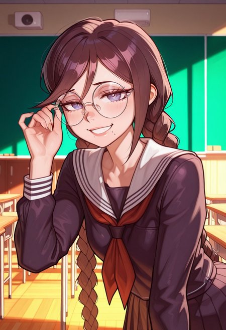 score_9, score_8_up, score_7_up, rating_suggestive, stunning, best quality, high quality, absurd res, ((portrait)), 1girl, solo, portrait, BREAK, fukawa_toko,long hair, braid, glasses, mole, twin braids, mole under mouth,round eyewear, bangs,brown hair,school uniform, serafuku, long sleeves,sailor collar, neckerchief,pleated skirt, hand on glasses, looking at viewer, smiling, BREAK background, school, class room