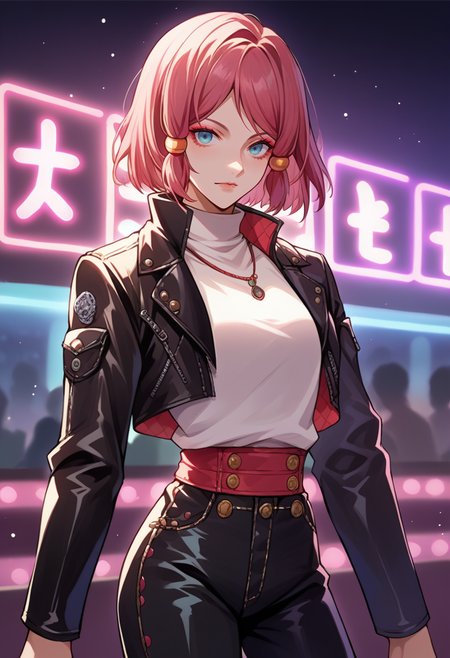 score_9, score_8_up, source_anime, 1girl, solo, RoseTales, blue eyes, pink hair, short hair, hair tubes, cowboy shot, nightclub, neon lights, bokeh, depth of field, makeup, leather jacket, turtleneck, high waist pants, <lora:ChamRoseToZPonyXL:1>
