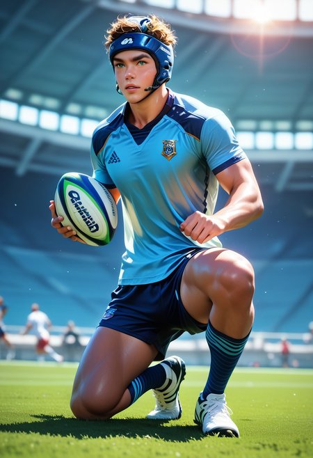 8k, score_9, score_8_up, score_7_up,
detailed face,detailed eyes,masterpiece,ultra detailed, vibrant colors,
1 boy,muscular male,
shirts,shorts, headgearsocks, 
 (body type:athletic build, pose:crouched, detailed clothing:1.2), (accessories:protective headgear), holding rugby ball, in action, (facial features:1.3), (expression:focused), actively engaged, mid-play in scrum, middle-ground, facing viewer, on a grassy rugby field, photorealistic, sport action, high detail, (detailed skin texture:1.2), (detailed clothing texture:1.2), (detailed accessories:1.2), (expression:intense), (detailed hair:1.1), (color palette:blue and green), realistic lighting, sharp focus, sporting event, digital painting, dynamic composition, realistic rugby ball, shot from a slightly low angle, emphasizing the player's powerful stance.
dynamic lighting,cinematic lighting, professional lighting,