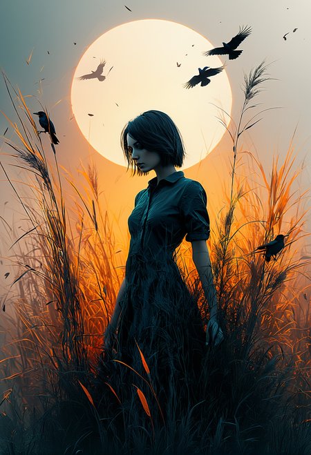grass orange sun english meadow rooks and a woman silhouette. eerie dreamy beautiful. realistic,
Dramatic, Dynamic, Cinematic, Sharp details, Insane quality, Insane resolution, Insane details, Masterpiece, high resolution, 
<lora:artfullyTREEBIRD_SDXL_V1-000003:1>   <lora:artfullyNecralien_SDXL_V1:0.4>  CYBR-XL