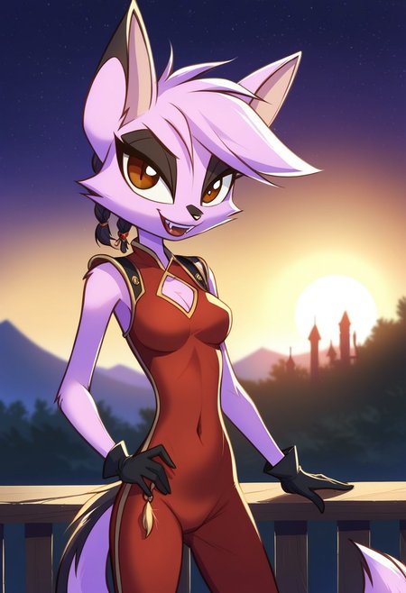 score_9, score_8_up, score_7_up, Dreamkeepers,Viriathus_Vayu,1girl,solo,short hair,animal ears,tail,brown eyes,purple hair,body fur,animal nose,,<lora:dreamkeepers_multipleCharacters:0.8>,
masterpiece,best quality,amazing quality,very aesthetic,high resolution,ultra-detailed,absurdres,newest,scenery,depth of field,scenery,volumetric lighting, beautiful, looking at you, hair ornament,hair over one eye, earrings,braided ponytail,puffy sleeves,gold trim,gloves,bodysuit,,shoulder cutout,covered navel,hip vent,clothing cutout,tassel, ((vampire)), ((fangs)), ((vampirized)), ((vampire fangs)),  evil, evil smile, blood on mouth, blood on body, blood on face, cowboy shot, cowboy_shot, night, night background