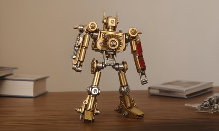 <lora:vintagemechcd_xl-000012:0.8>,a simple-structured mecha robot sculpture with nut and bolt made of vintagemechcd_xl standing on wooden table,desktop ornament,detailed,hi-res photo,battletech,humanoid robot,red and gold theme,solo,no humans,close-up,microspur,indoors,living room,simple background, emotional,harmonious,high budget,moody,epic,gorgeous,perfect lighting,realistic,photorealistic,photographic,photo (medium),real,moody lighting,volumetric lighting,reality ray tracing,8K,HDR,UHD,masterpiece,best quality,highly detailed,high resolution,finely detail,extremely detailed,ultra detailed,wallpaper