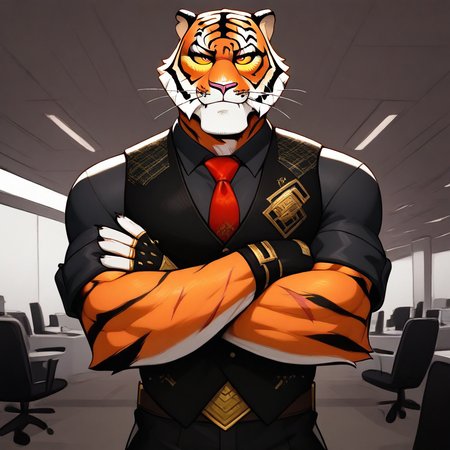 Masterpiece, best quality, high quality, detailed, Oscar, Fortnite Oscar, broad shoulders, mature male, orange eyes, yellow sclera, athletic build, animal ears, tiger, orange body, scars, anthro, anthro male, muscle gut, smiling, looking at viewer, arms crossed, standing, lavish office, black vest, black collared shirt, red tie, fingerless gloves