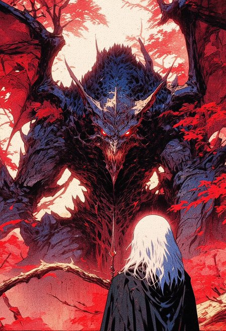A breathtaking fantasy illustration capturing the dramatic encounter between a powerful, ancient dragon demon hybrid and a lone cloaked knight in steel armor, amidst an autumnal forest. The dragon dominates the scene with its massive, weathered body covered in obsidian-like scales that bear cracks and ridges. Its glowing, crimson eyes burn with the intensity of ancient wisdom and raw power. The dragon's vast wings are tattered yet majestic, with veins of molten red that pulse faintly, exuding an aura of age-old magic. Its horns and claws are jagged and worn. The cloaked figure stands resolutely before the dragon, their silver hair catching the soft, diffused light filtering through the fiery red autumn leaves. The moment captures an unspoken exchange of reverence, challenge, or mutual understanding.
The surrounding forest is alive with vibrant, deep red leaves that carpet the ground and swirl gently in the air, adding movement and drama to the scene. Shafts of light pierce the crimson canopy above.  The atmosphere is heavy with awe and foreboding, as though nature itself holds its breath in the presence of these two figures. interplay of light and shadow. The overall aesthetic quality is very high, showcasing excellent use of lighting and composition, hand-colored, horror art, dark and gritty, highly detailed, hyper-realistic, watercolor, full-body shot, wide angle. style of Wes Anderson, Banksy, Choe, Giger, Clive Barker, Frank Miller,