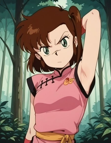 masterpiece, best quality, uncensored,  arms at sides, (head tilt), upper body, angry, solo, forest background, 
<lora:Yan0:1>, Yan0, 1girl, short hair, brown hair, green eyes, pink china dress, presenting armpit,