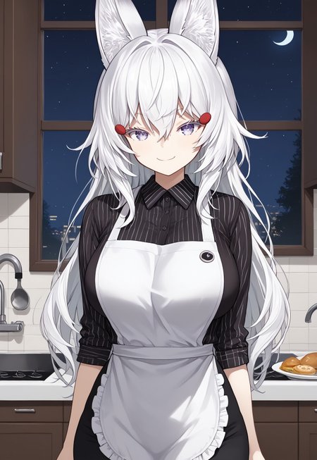 safe_pos, 1girl, solo, solo focus, highres, absurdres, tenma, white hair, long hair, hair ornament, animal ears, animal ear fluff, bangs, hair between eyes, large breasts, sidelocks,

black shirt, collared shirt, striped shirt, white apron, black pants,

looking at viewer, evil smile, naughty face, closed mouth, head tilt,
 
kitchen, window, night, night sky, dark, backlighting, silhouette,