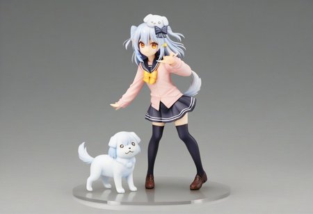 tamakiDefault, 1boy, dghd, dog hair ornament,  blue hair, grey hair, two side up, orange eyes, hair between eyes, dog tail, otoko no ko, multiple hair bows,  black bow, yellow bowtie, black skirt, black thighhighs, brown footwear, pink cardigan,