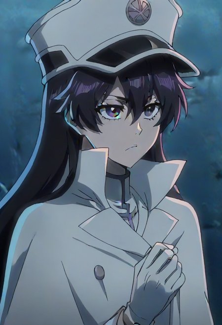 source_anime, anime screencap, anime coloring, nsfw, uncensored, <lora:Bambietta_Basterbine:1>Long hair, black hair, hair between eyes, dark purple eyes,, hat, peaked cap, white headwear, white gloves,