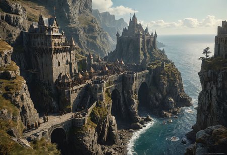extremely detailed, hero shot, high detail, hires textures, incredibly detailed, intricate details, intricate diorama, masterpiece, outstanding intricacies, photorealism, true masterpiece, cliff background, pleasant, Stately, ( dnd fantasy, a group of humans and elves and dwarves in the foreground in a fantasy world, castle fortress on distant cliffside), with fantasy antiquity-ships in the far-distant background near horizon