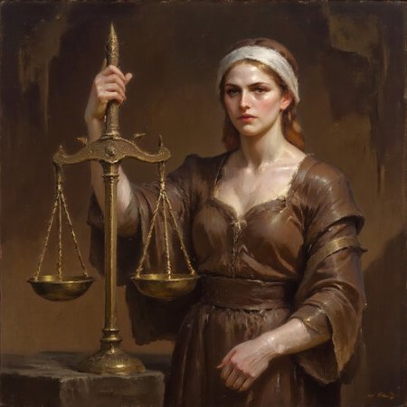 Dark-Fantasy-Cardd-V.2.0 style dark fantasy oil painting a portrait that features a The scales of justice, symbol of justice, mythology and religion, gods and goddesses, Justitia: The Roman goddess of justice, Justitia was often portrayed wearing a blindfold and holding a sword and scales that were evenly balanced. The scales of justice symbolize the importance of finding a solution that addresses all parties involved, including the guilty, the innocent, and the law itself.
