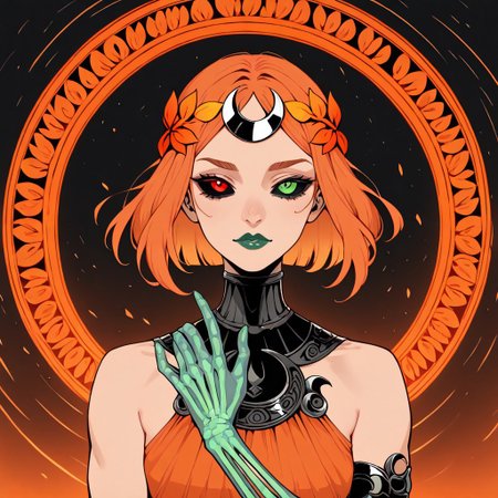 masterpiece, best quality, newest, absurdres, highres,  AGPV1.1, orange backgrond, monochrome,
1girl, melinoeehades-IL.V1.0, melinoe, green lips, hair ornament, laurel crown, heterochromia, green eyes, red eyes, mismatched sclera, black sclera,single elbow glove, skeletal arm