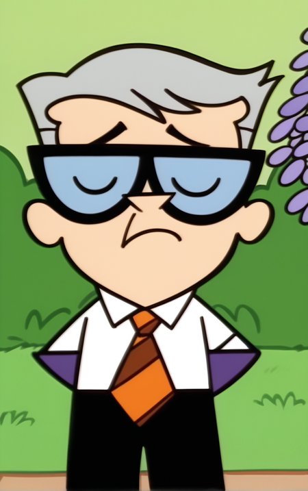 score_9, score_8_up, score_7_up, looking at viewer,  BREAK
PONYXL_STYLE_DextersLaboratory_ownwaifu,
1boy, male focus, parody, short hair, glasses, shirt, white shirt, purple gloves, pants, collared shirt, necktie, chibi,
(leaning forward, arms behind back), cowboy shot, garden, wisteria, outdoors, <lora:PONYXL_STYLE_DextersLaboratory_ownwaifu:0.85> , depth of field, solo,