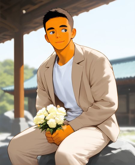 ((source anime)), breeze style, ((anime eyes:1.5, small nose, simple mouth:1.5)), short hair, score_9, score_8_up, score_7_up, Korean, <lora:Expressive_H:1.4>, ((handsome man:1.2, light skin)), (focus male, solo:1.1), masterpiece, best quality, ((1man, 1boy, mature man:1.4)), masterpiece, best quality, amazing quality, 
<lora:Breez_Style_Wv3:1>. breeze style, smile, 
masterpiece, best quality, amazing quality, 1boy, solo, masterpiece, best quality, young man sitting on a rock, relaxed posture, casual outfit (beige jacket, white t-shirt, beige trousers), short dark hair, holding a small bouquet of flowers, slight smile, looking at the camera, outdoor setting, blurred background with architecture, candid lifestyle photography, shallow depth of field, bright and even lighting, sunny day, volumetric lighting,