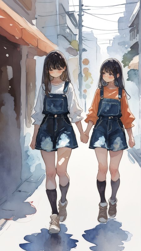 masterpiece, newest,absurdres,incredibly absurdres, best quality, amazing quality, very aesthetic, watercolor effect, 
2girls, walking, urban clothing, holding hands, looking each other,
 <lora:fuyumur4s4ki_style:0.7> fuyumur4s4ki_illu <lora:Mika:1>   <lora:0__11Xx:1> 0__11Xx_illu