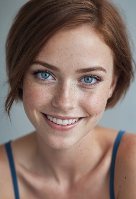 beautiful lady, (freckles), big smile, blue eyes, short hair, dark makeup, hyperdetailed photography, soft light, head and shoulders portrait, cover