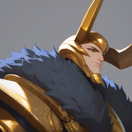 <lora:LOKI:1>loki, solo, smile, simple background, 1boy, closed mouth, green eyes, upper body, male focus, horns, artist name, grey background, armor, character name, fur trim, watermark, helmet, portrait, close-up, fur collar, fake horns, power armor, horned helmet, gold armor, dynamic perspective, detailed background, character close to camera, motion blur, film grain, abstract, natural lighting, fantasy, cinematic, dynamic view, tilted angle, very awa, masterpiece, best quality, absurdres, newest, perfect quality, detailed background, intricate details,  (artist:fl \(l-fl\):0.7), (artist:tooboshoo:0.7), (artist:dizdoodz:0.8)