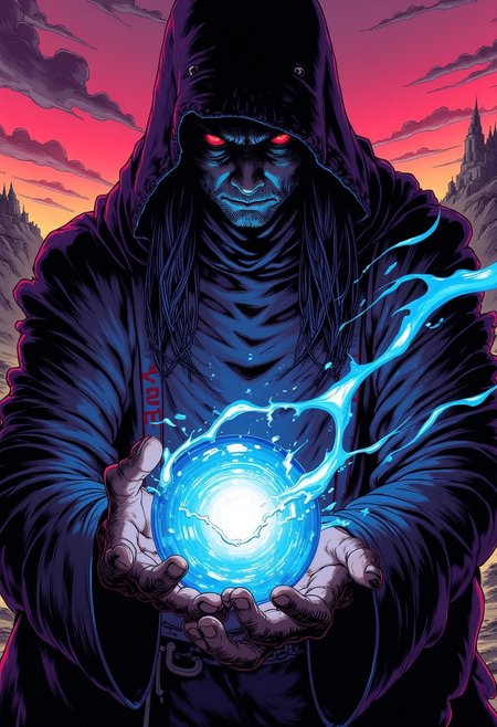 nistyle, 80s fantasy style, monochrome manga sketch, A closeup portrait of a wizard, extreme closeup of his face - shrouded in mystery. He wears a heavily reinforced high-collared cloak, its thick material adorned with glowing arcane runes, billowing dramatically in the neon-tinted wind. The towering collar frames his face, adding to his imposing presence. His intense gaze is locked onto a massive, glowing magical orb he is summoning with both hands, crackling with vibrant neon blues and purples. Hyperdetailed closeup, fierce and focused. Retro red/purple and grey-beige moody cloud sky, mystical desert background with swirling neon light. Arcane power ripples around him, creating 80s-style magical energy effects.