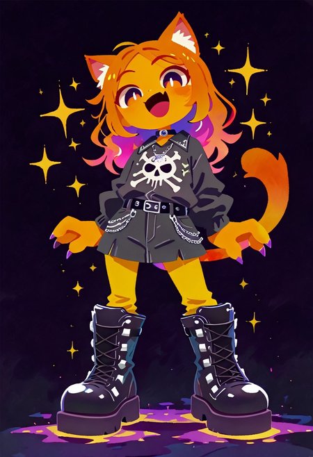 masterpiece, best quality, simple illustration, 1cat, , superdeformer, cute, urban clothing, big boots, goth, full body, solo, dark background, sparkles, vivid colors, vertical pupils, fang, tail ,happy, imp4ct_style, cute_style01f1, no_outlines,no lineart, t4kar4i_illu, inner_galaxy