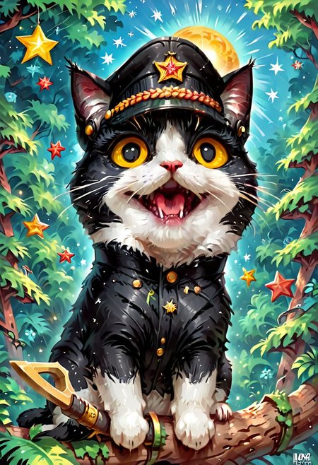 score_9, score_8_up, score_7_up, score_6_up, score_5_up, score_4_up, BREAK (soviet postcard, logo, komrade kat, propaganda portrait of very happy comrade cat, forest background),  black white cat, green soviet peaked cap, star shape, hammer and sickle, sun, blue sky, muted colors, Jed-Cosmos