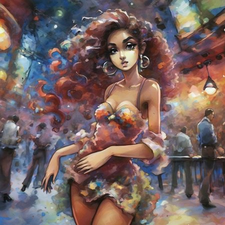 artmix04 beautiful girl esmeralda with long hair in a colorful dress, dancer in a nightclub, very detailed<lora:artmix04:1>