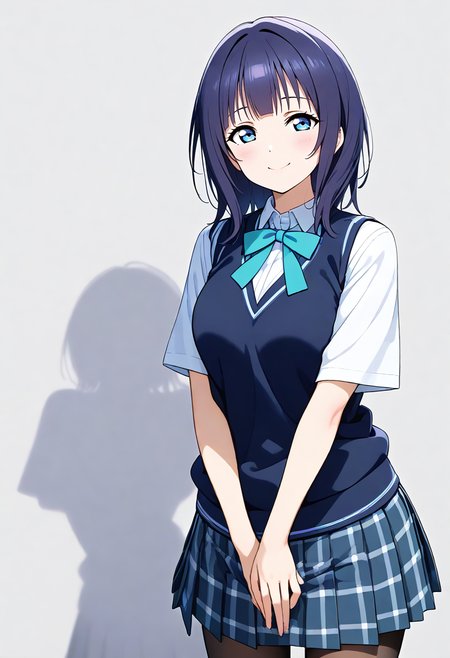 score_9, score_8_up, score_7_up, source_anime,BREAK
1girl,
<lora:Hyper-SDXL-8steps-lora:1>
<lora:age_slider_v4:1>
<lora:SDXL_karin_pony721:0.8> 
love live! nijigasaki high school idol club,
blue eyes, blue hair, blunt bangs, medium hair, (asaka karin),
karin, solo, white background,simple background,
large breasts,
 black pantyhose,smile, vest, (black vest),blue ribbon, 
nijigasaki academy school uniform, short sleeves, shirt,breasts, pleated skirt, white shirt, plaid, plaid skirt,ribbon
standing,sweater vest, 
simple background, grey background,