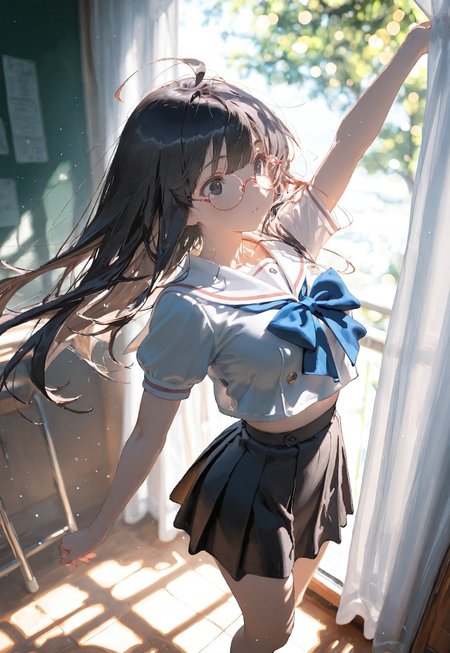 ((bust shot,standing:1.5))

1 girl,medium breast,long hair,(curtain bangs:1.3),(black hair:1.3), (black eyes:1.1),asian_japanese,ahoge,(light freckles:1.2),red rimmed round glasses,

(White crop top sailor school uniform,black skirt:1.5),(japanese classroom background),(day:1.5).

sparkling effects,(Bokeh around character:1.3),(character focus:1.2),((dynamic pose:1.4)),((foreshortening:1.5)),((extreme perspective:1.4)),((dynamic angle:1.3)),((negative space:1.1)),

Cunnystyle,Smooth_Quality,amazing quality, ((aesthetic:1.3)),(no line art:1.3),((4k,8k,Ultra HD)),((Masterpiece :1.2)),((Best quality :1.2)),((Detailed :1.5)),((Detailed background :1.5))