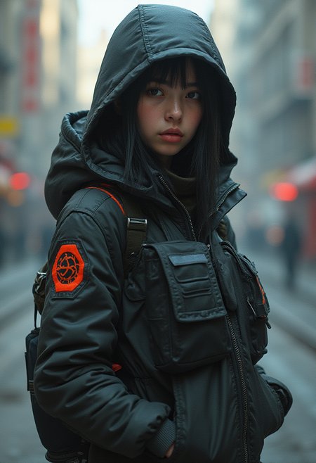 concept art, abstraction, 1girl wearing techwear clothes, cinematic photo   (style  by Klaus Frahm)