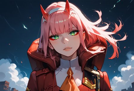 masterpiece, best quality, highly detailed, score_9, score_8_up, score_7_up, score_6_up, 1girl, zero two, (green eyes:1.5), hairband, horns, long hair, pink hair, red horns, white hairband, glowing eyes, red jacket, closed jacket, military uniform, oni horns, orange ascot, looking at viewer, falling from sky, epic background, dark background, evil background
