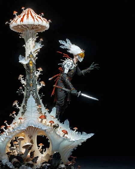 village mushroom ninja priest, Kay Nielsen , light shining through CALCITE, blood, rodney matthews, chrome, elegant, intricate, viewed from the side, black background, <lora:xl_more_art-full_v1:0.5> <lora:add-detail-xl:0.75>    <lora:Gerald_Brom_XL_-_Dark_Fantasy_Art:1> Gerald Brom, hazy background