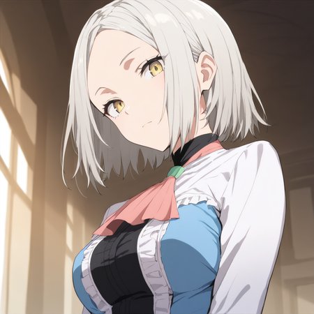 looking at viewer,upper_body,portrait,masterpiece,high score,great score,absurdres,<lora:Yukine_Mare ag4o v1:1> yukine_mare, grey hair, short hair, yellow eyes,ascot,frills,long sleeves,
