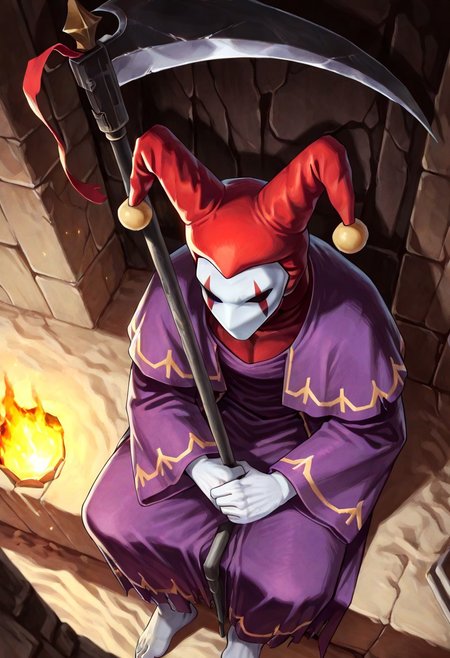 score_9,score_8,score_7,source_furry, (masterpiece, best quality, high quality:1.2), detailed hands,character focus, detailed skins, body blush, cinematic shadow, character focus, ultra detailed background, <solo:1.5>, <1boy:1.5>, (anime:3.5), (official:3.5), (dynamic sitting:1.8),
chariotsaga, 1boy, solo, male focus,  from above,
jester, red headwear, looking at viewer, white skin, jester cap, pom pom (clothes), (faceless mask:1.2), facepaint, hat, robe, purple robe, torn robes, long sleeves, wide sleeves, barefoot, light gray color nails, holding, scythe, weapon, holding scythe, holding weapon,  
ancient ruin background, indoor, dark orange stone wide rooms, torch wall, darkness, sand, desert,