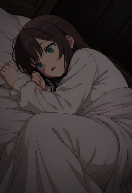 masterpiece,best quality,amazing quality, clover alina, dark brown hair, green eyes, long hair, 1girl, solo, on side, dark, lying, under covers, long sleeves, open mouth