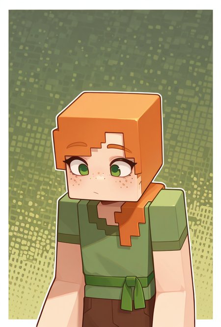 <lora:alexmc-05:1> alexmc, orange hair, 1girl, solo, green eyes, long green shirt, brown pants, short sleeves, freckles, square arms, square body, green waist ribbon,  minecraft world,, masterpiece, best quality, amazing quality, very aesthetic, absurdres, newest,, upper body, halftone effect, white borders, abstract background:1.2,