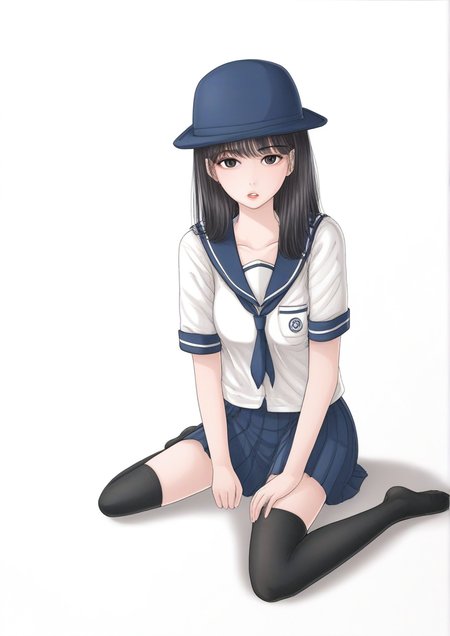 1girl,blue theme, hat, long hair, looking at viewer, parted lips, pleated skirt, school uniform, serafuku, sitting, skirt, solo, thighhighs, traditional media, white background, zettai ryouiki<lora:OnThe:1>