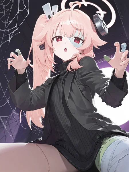 modare, natsu \(blue archive\), natsu \(blue archive\)_hlw,  <lora:Natsu - Blue Archive - Halloween Costume (柚鳥ナツ - ハロウィン):1>, flat_chest, dark_grey_coat, dark_grey_turtleneck_sweater,  torn clothes, screw_through_head, bandage, patchwork_skin, patchwork_face, side_ponytail, looking at viewer, :o, head tilt, spread legs, dark room, moon light, purple theme, spider_web, cracked wall, claw pose, reaching towards viewer, fisheye, low angle, __positive__