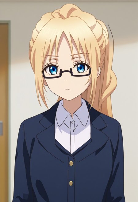 score_9, score_7_up, source_anime
ChisatoMizusawa, 1girl, solo, blue eyes, glasses, blonde hair, long hair, ponytail, shirt, collared shirt, jacket, black jacket,
indoor,