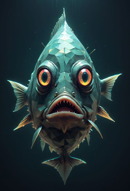 Surreal fish, glowing eyes, glitchcore, double exposure, poster style, geometric, triangles, glitchy, eerie, lights, occult, dark, fish fish fish
