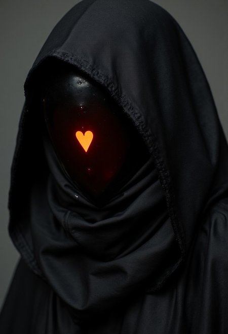 apoclypse, A dark photorealistic Closeup Portrait of a dystopian armored Woman with reflecting black and red facemask, Low Key bleaked orange luminous heart Icon glowing like a visor