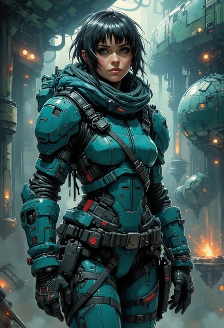 nistyle, a female space pirate. long messy hair, bangs, sidelocks, battered teal power armour,  standing in the command room of a battered spaceship.