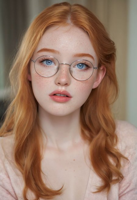warm's eyes shot, Cinematic Hollywood Film style, ginger female supermodel, 18 years old girl, ashamed, big mouth, plump lips, extra shiny lips, long eyelashes, smile, textured pale skin, orange Brenden silver topknot hair, mouth wide-open, perfect teeth, white tigh high stockings, light freckles, flat chest, large nipples, short legs, thin legs, short torso, thin waist, tight off shoulders top, sensually dynamic pose, living room, perfect eyes, detailed irises and pupils, blue eyes, shot on Hasselblad X2D 100C,ISO 50, narrow shallow depth of field, bokeh, natural light form early spring at midday, sharp focus, realistic, high definition, Beautiful sun light filtering through the ends of the hair, long hair, ginger hair, glasses with transparent frame, long straight wavy hair, stockings, cute face, gorgeous, pretty face, pale skin, freckles, blond hair, blue eyes, full shiny lips, big lips, thick lips, parted lips, pink lipgloss, mascara, skinny thighs, petite body, young looking, skinny, ((large chest)), skinny, petite body(body heigth:140cm), big head, innocent look, young face, pink eye shadow, ashamed, blushing, saliva