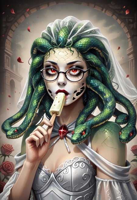 1girl, detailed face, emo makeup, snake hair, veil, black wedding dress, glasses, holding icecream popsicle, snake, snake on shoulders, upper body,  rose, the  contur of the petals glow eerily white, dim light, intricate details, horror theme, cementary, detailed background, 
BL4CK3STBL4CK, black_theme, matte_color, flat color, diamondMW