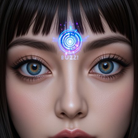 beautiful woman, super detailed face, close up on eyes, large beautiful detailed colorful eyes, third eye, hypnotic spiral emanating from third eyes, hypno text 'Give BUZZ!'