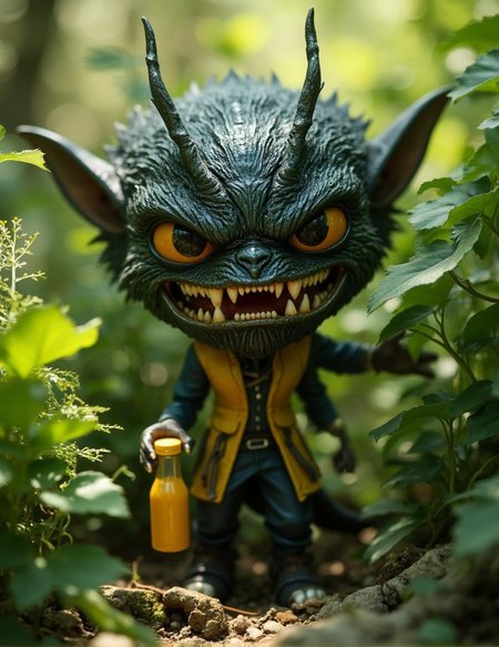 <lora:Dark_Fantasy_Anime-000021.safetensors:1> insect-like, mystical, twisted and dark, exuding power and mystique. The overall composition is a masterful blend of fantasy and style, inviting the viewer to ponder the story behind this enigmatic creation.A Funko Pop figure of a werewolf stands amidst lush greenery, its shimmering scales catching sunlight, surrounded by vibrant plants, with expressive eyes, open mouth, and sharp teeth. It wears a yellow vest over blue shirt and holds a small yellow bottle, with the sunlight casting dramatic shadows on its features.