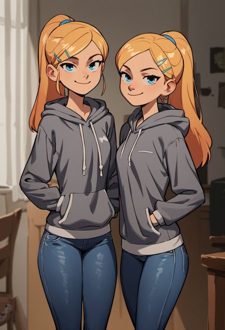 score_9, score_8_up, score_7_up, score_6_up, film grain,
Mangamast3r, 2girls, twins, long hair, looking at viewer, smile, hair ornament, long sleeves, closed mouth, blue eyes, standing, ponytail, hairclip, indoors, hood, blond hair, hoodie, hood down, smug, grey hoodie, jeans,
<lora:Mangamaster_4000s-000007:0.7>,
 <lora:fix_hands:1.5>