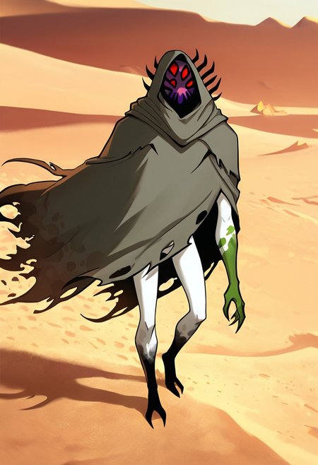 masterpiece, best quality, amazing quality, very aesthetic, absurdres, newest,, detailed background, 
highbreed, extra eyes, solo, alien, white skin, purple face, , monster, red eyes, black hands, , claws, black head spikes, white body,
desert, strong winds, cloaked up, gray cloak, torn up cloak, one green hand, left green hand, cloak covering body, sand dunes, egypt pyramids, hood up, ripped cloak, blowing in the wind, strong winds, dynamic pose,